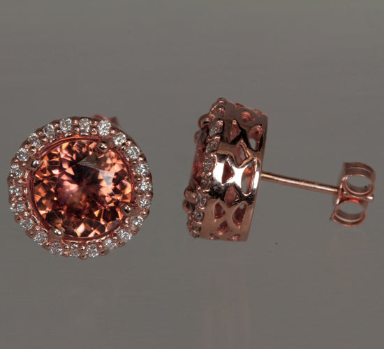 14K Rose Gold Imperial Zircon Halo Earrings 4.38 Carats