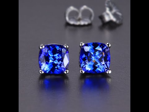 14K White Gold Square Cushion Tanzanite Stud Earrings 3.83 Carats