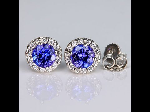 14k White Gold Tanzanite and Diamond Halo Stud Earrings 1.25cts