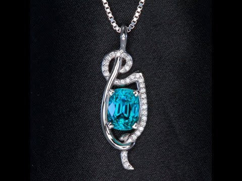 14K White Gold Blue Zircon Pendant With Fine Ideal Cut Diamonds