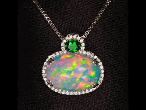 14k White Gold Welo Opal with Diamond Halo Tsavorite Garnet Pendant 14.80