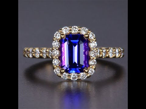 14K Yellow Gold Emerald Cut Tanzanite Diamond Halo and Shank Ring 1.61 Carats