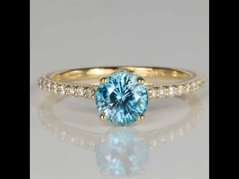 14K Yellow Round Blue Zircon and Diamond Ring 1.92 Carats