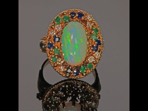 14K Yellow Gold Opal Ring with Emeralds, Sapphires & Diamonds 4 Carats