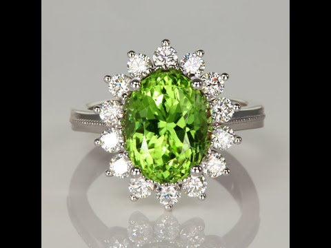 14K White Gold Oval Peridot and Diamond Halo Ring 5.77 Carats