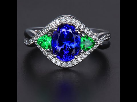 14K White Gold Tanzanite, Tsavorite Garnet and Diamond Ring 2.43 Carats