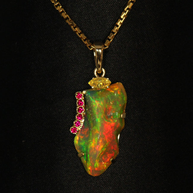 14K Yellow Gold Freeform Carved Opal, Diamond & Ruby Pendant 7.94 Carats