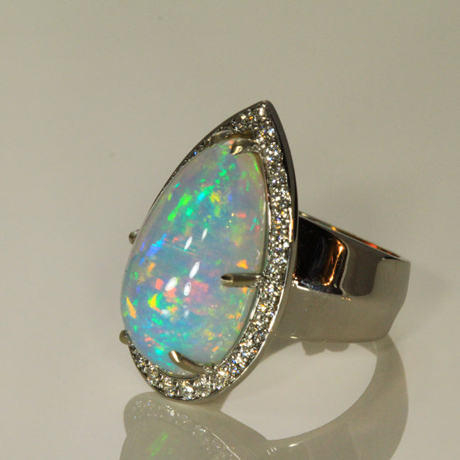 14K White Gold Opal and Diamond Ring