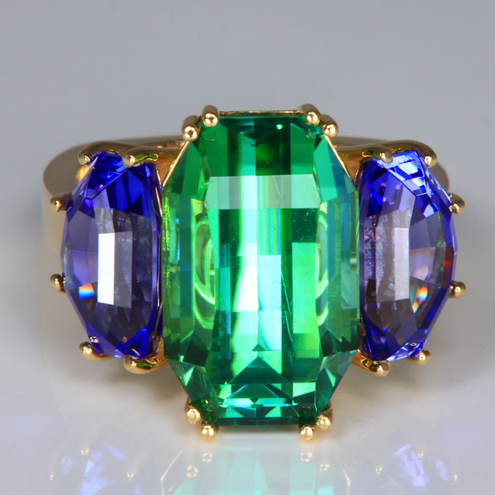 18K Yellow Gold Tourmaline and Tanzanite Ring 12.12 Carats