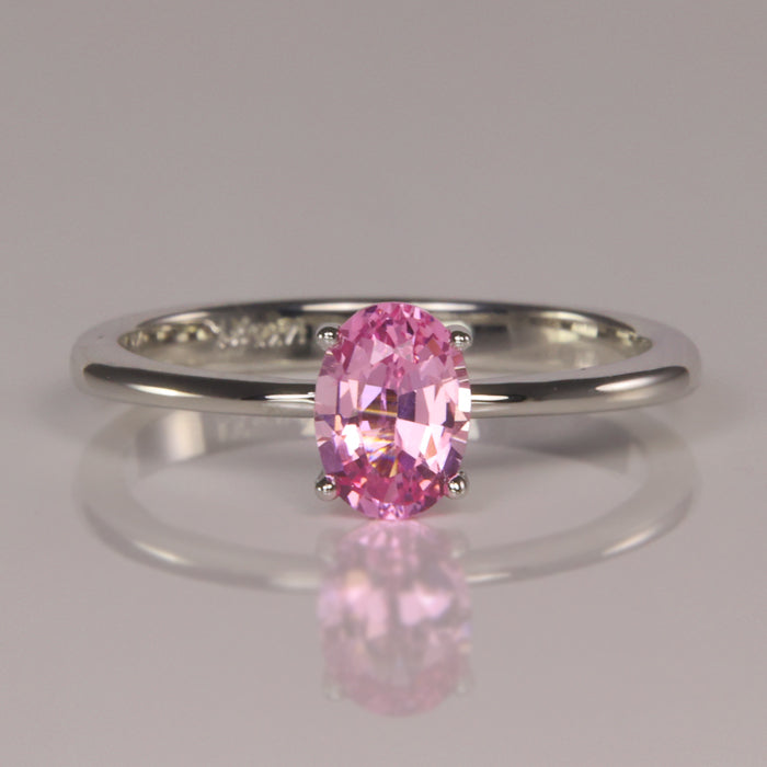 pink oval cut sapphire ring in white gold 