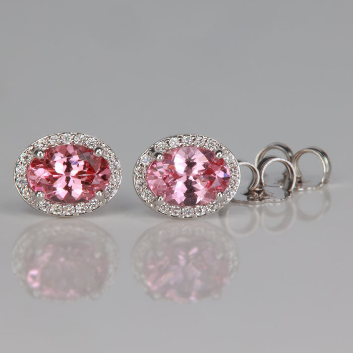 pink malaia garnet gemstone earrings with diamonds in white gold