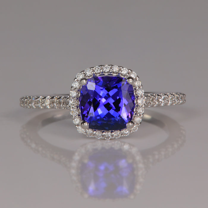 square cushion tanzanite and diamond ring