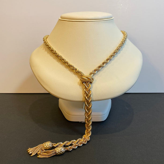 14K Yellow Gold Adjustable Y Necklace with Pineapple Tassels
