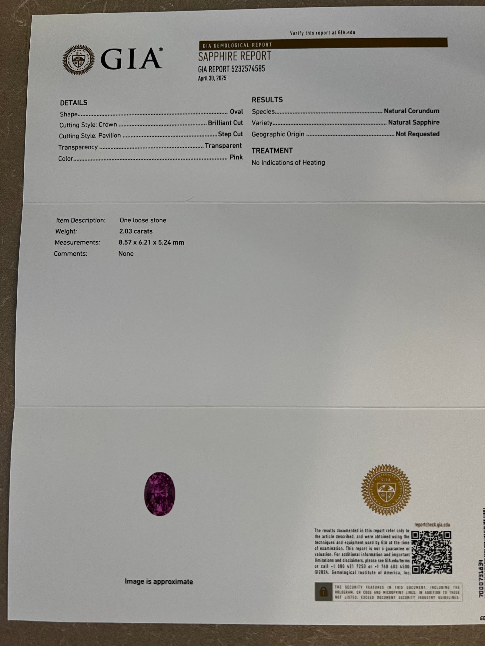 Report From GIA for Sapphire