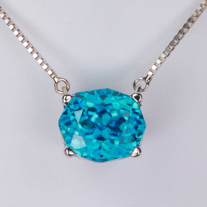 octagonal cushion cut blue zircon gemstone in white gold necklace