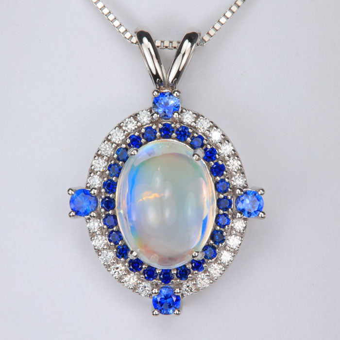 rainbow moonstone gem in white gold pendant with sapphire and diamond