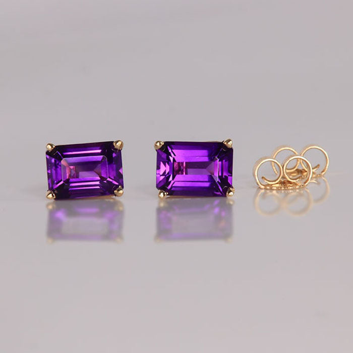 Emerald Cut Amethyst Stud Earrings Yellow Gold