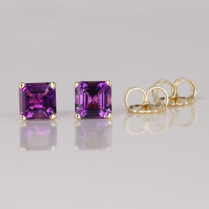 square step amethyst stud earrings yellow gold