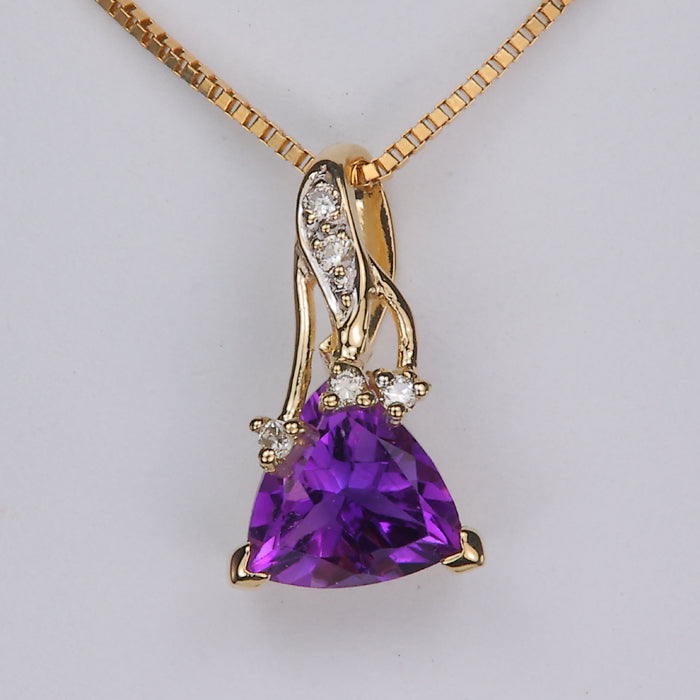 yellow gold trilliant cut amethyst gemstone pendant with diamond accents