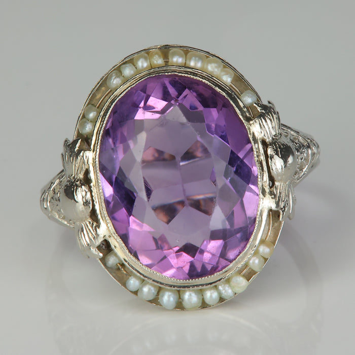 white gold amethyst ring with seed pearls 