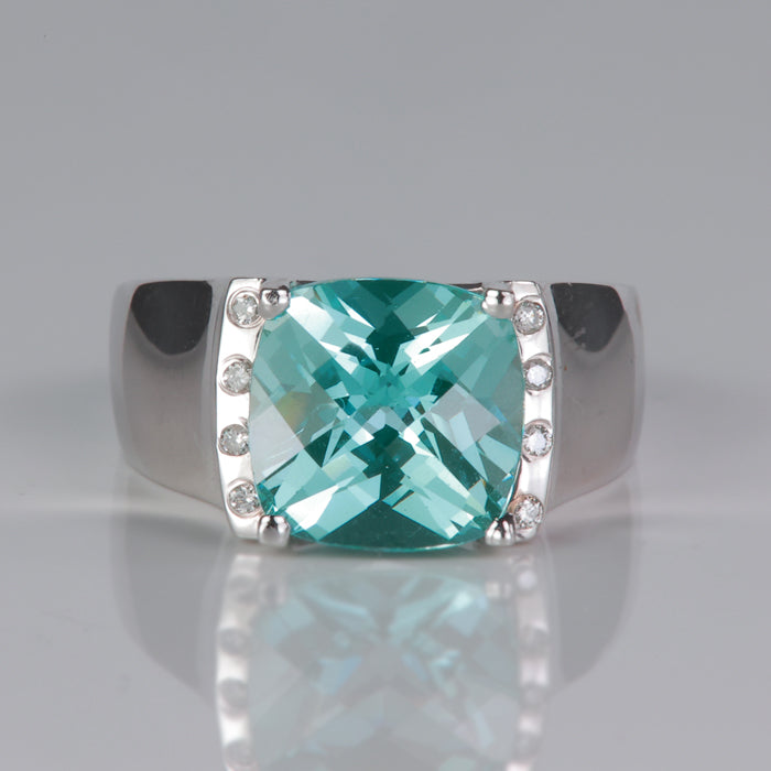 blue green square checkerboard cut synthetic spinel gemstone in white gold ring with diamonds 