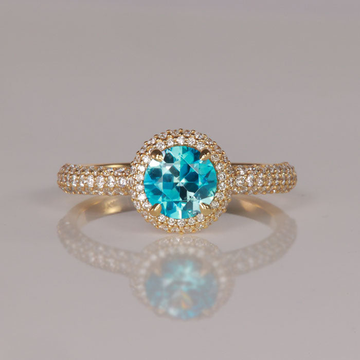 Blue zircon ring yellow gold diamonds gemstone ring