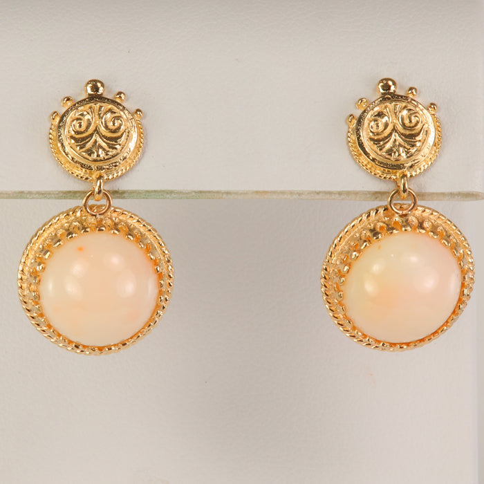 yellow gold cabochon cut coral earrings