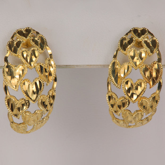 Yellow gold diamond cut heart earrings