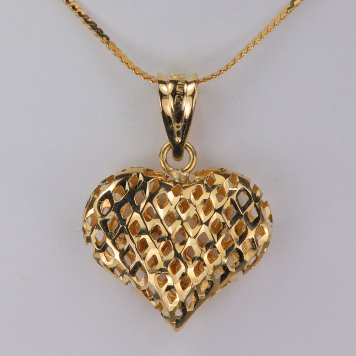 14K Yellow Gold Diamond Cut Puffy Heart Necklace