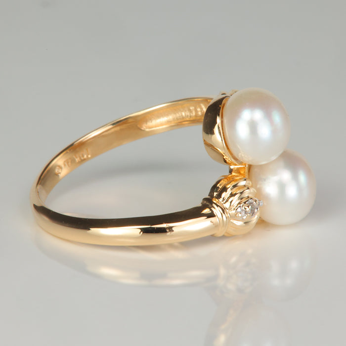 10K Yellow Gold Double Pearl and Diamond Accent Ring