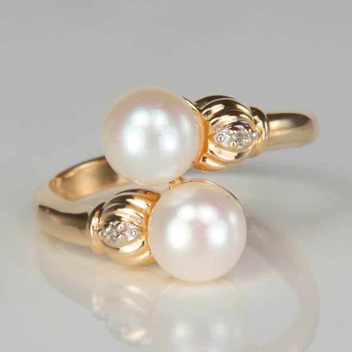 10K Yellow Gold Double Pearl and Diamond Accent Ring