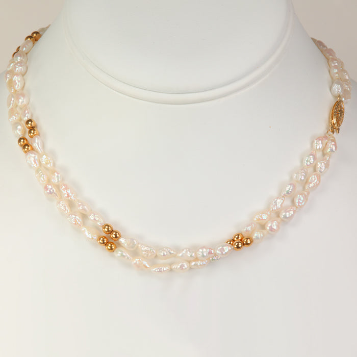 yellow gold bead and freshwater pearl double strand necklace