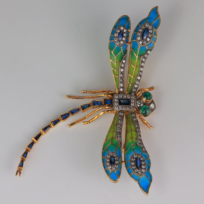 estate yellow gold sapphire emerald diamond dragonfly brooch