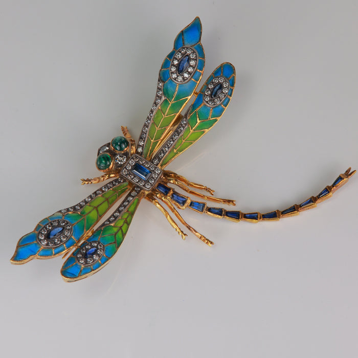 18K Yellow Gold Sapphire Plique à Jour Dragonfly Brooch