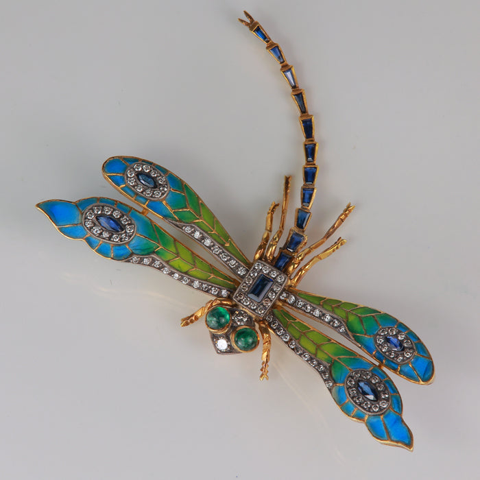 estate yellow gold sapphire emerald diamond dragonfly brooch