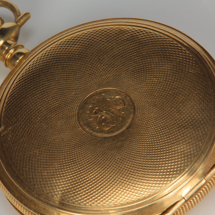 JM engraved on front of Elgin pocket watch