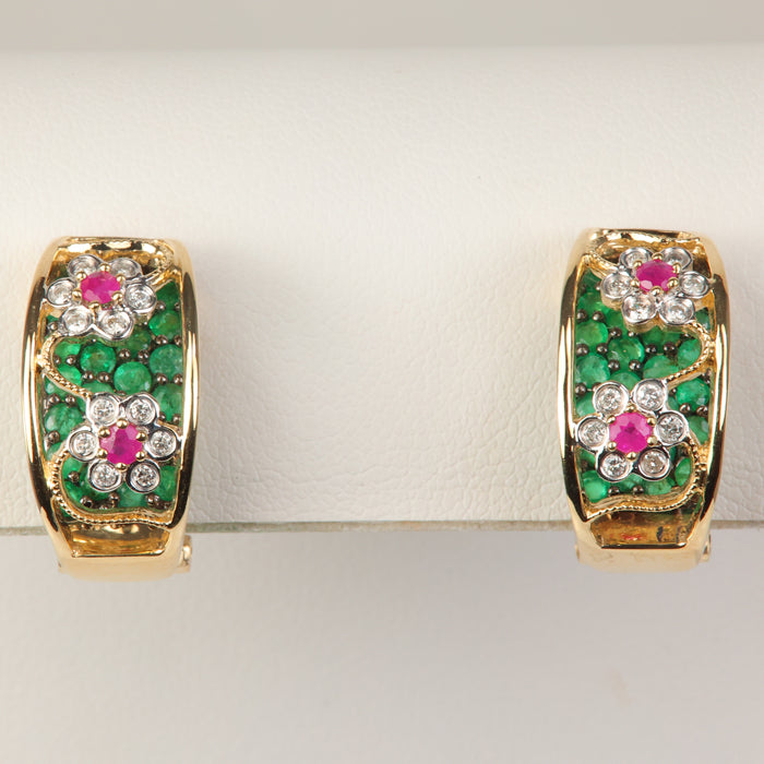 yellow gold emerald ruby and diamond earrings
