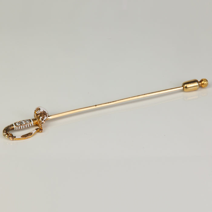 yellow gold estate sword pin with enamel and diamonds