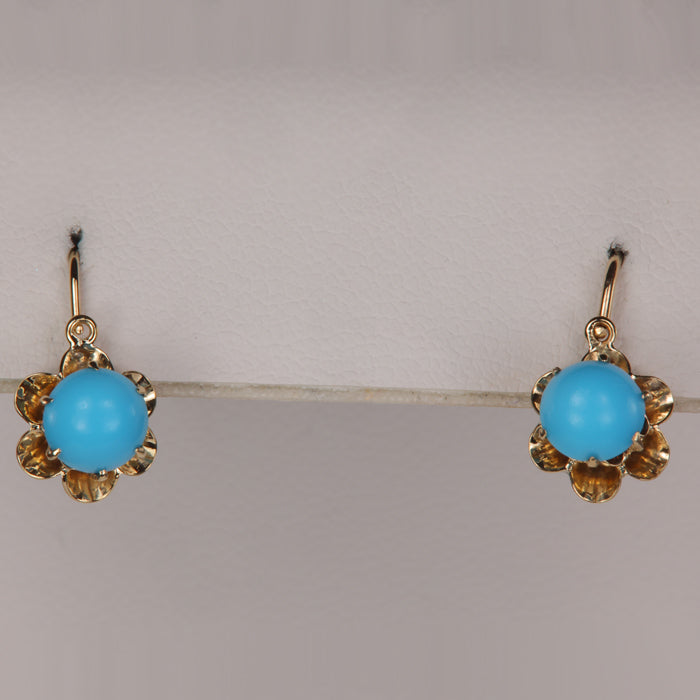 Yellow gold and imitation turquoise earrings