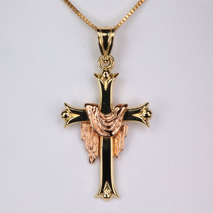yellow and rose gold estate cross and cloth pendant 