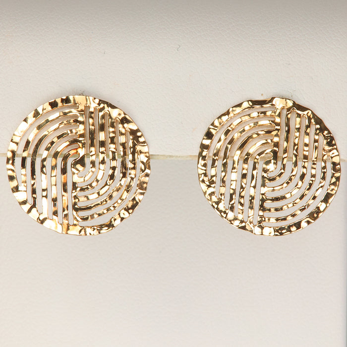 Yellow gold flat wavy circular stud earrings 