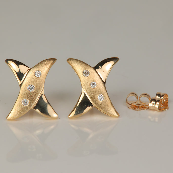 yellow gold estate earrings X shape with diamonds