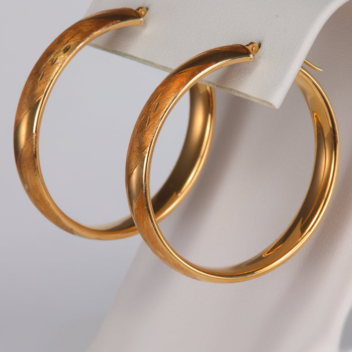 etched flower design yellow gold hoops