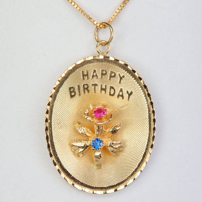yellow gold happy birthday pendant with synthetic ruby and sapphire 
