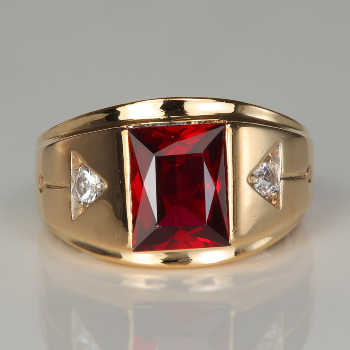 yellow gold estate ring with synthetic ruby and synthetic spinels
