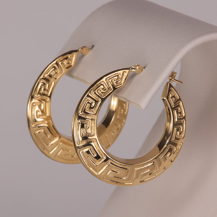 Yellow gold estate hoop earrings greek key design