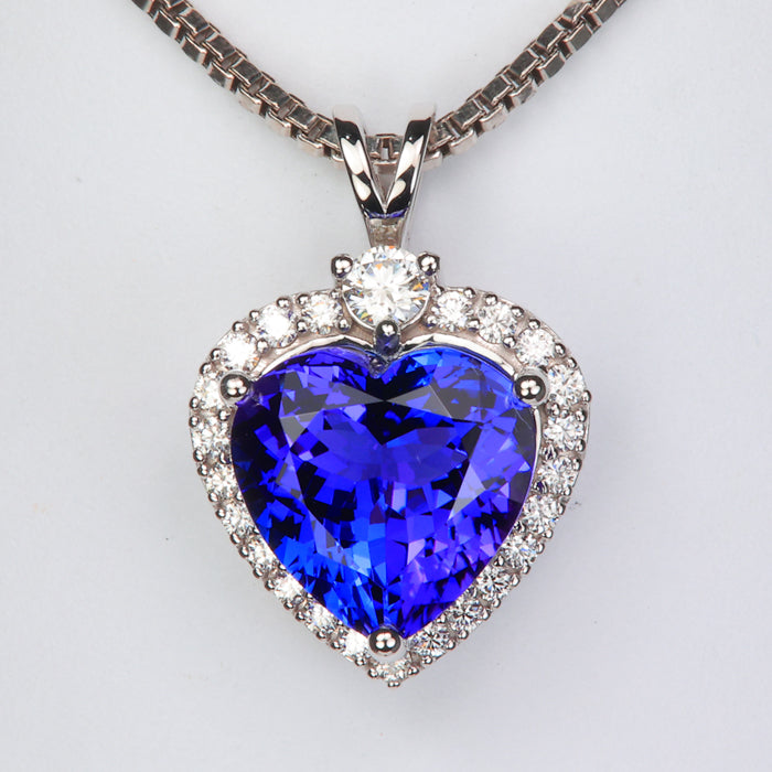 blue violet tanzanite gemstone heart pendant with diamond accents