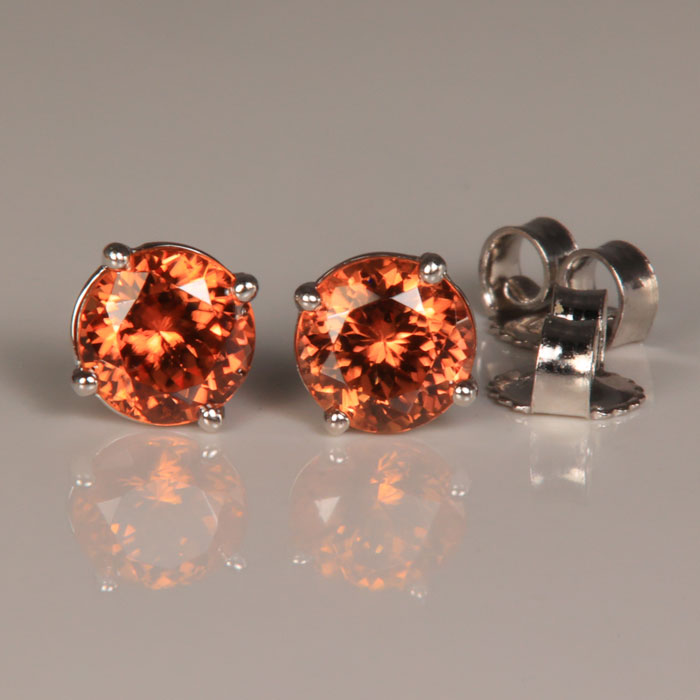 Peach color natural Zircon gemstone earrings in white gold