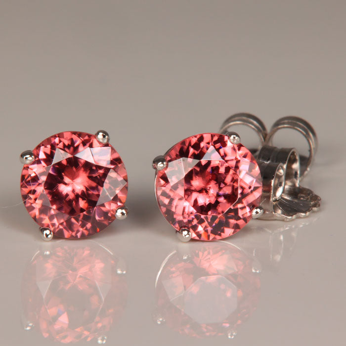 natural zircon pink orange color stud earrings in white gold