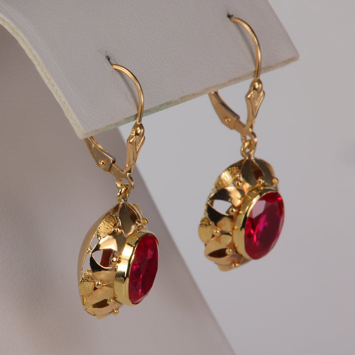 Yellow Gold Oval Lab Grown Ruby Dangle Earrings